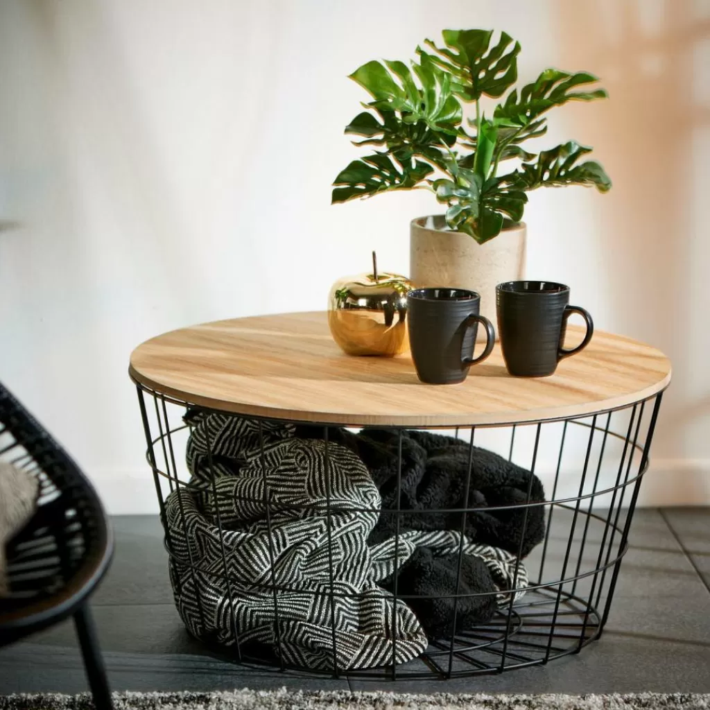 CASA WIRE XL Tavolino Portatutto XL Nero, Naturale- Cesti Di Metallo | Tavoli Da Soggiorno