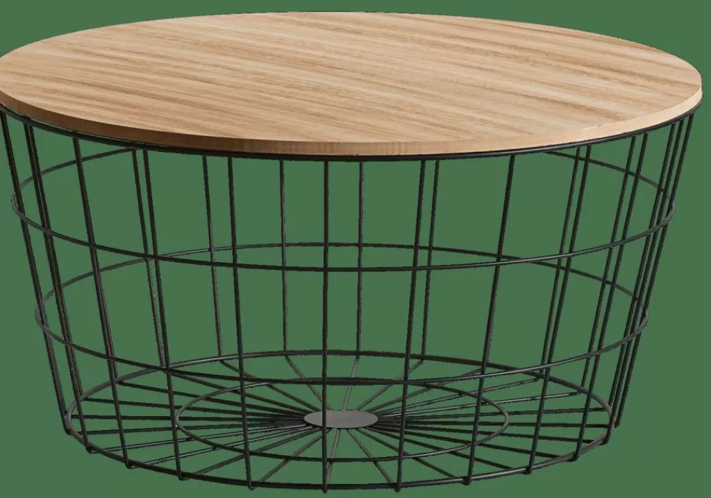 CASA WIRE XL Tavolino Portatutto XL Nero, Naturale- Cesti Di Metallo | Tavoli Da Soggiorno